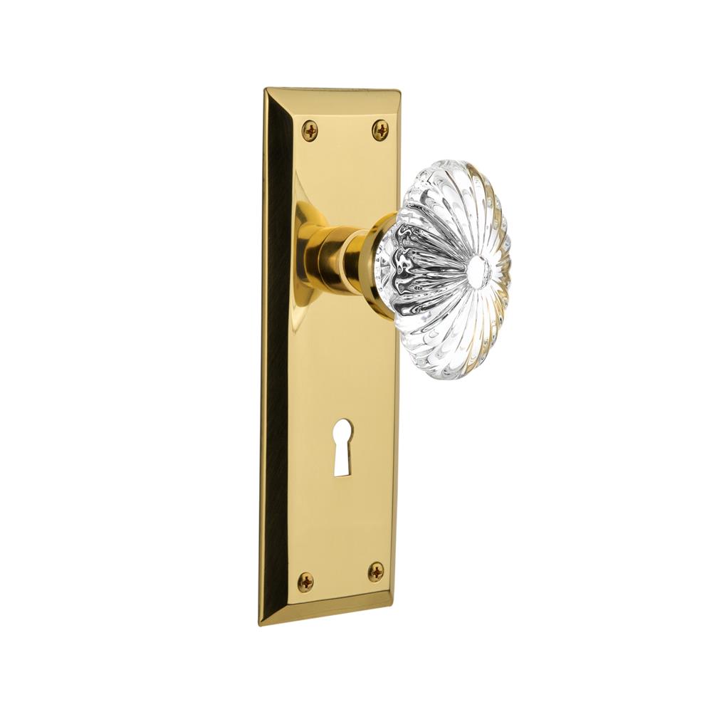 Nostalgic Warehouse NYKOFC Double Dummy Knob New York Plate with Oval Fluted Crystal Knob and Keyhole in Unlacquered Brass